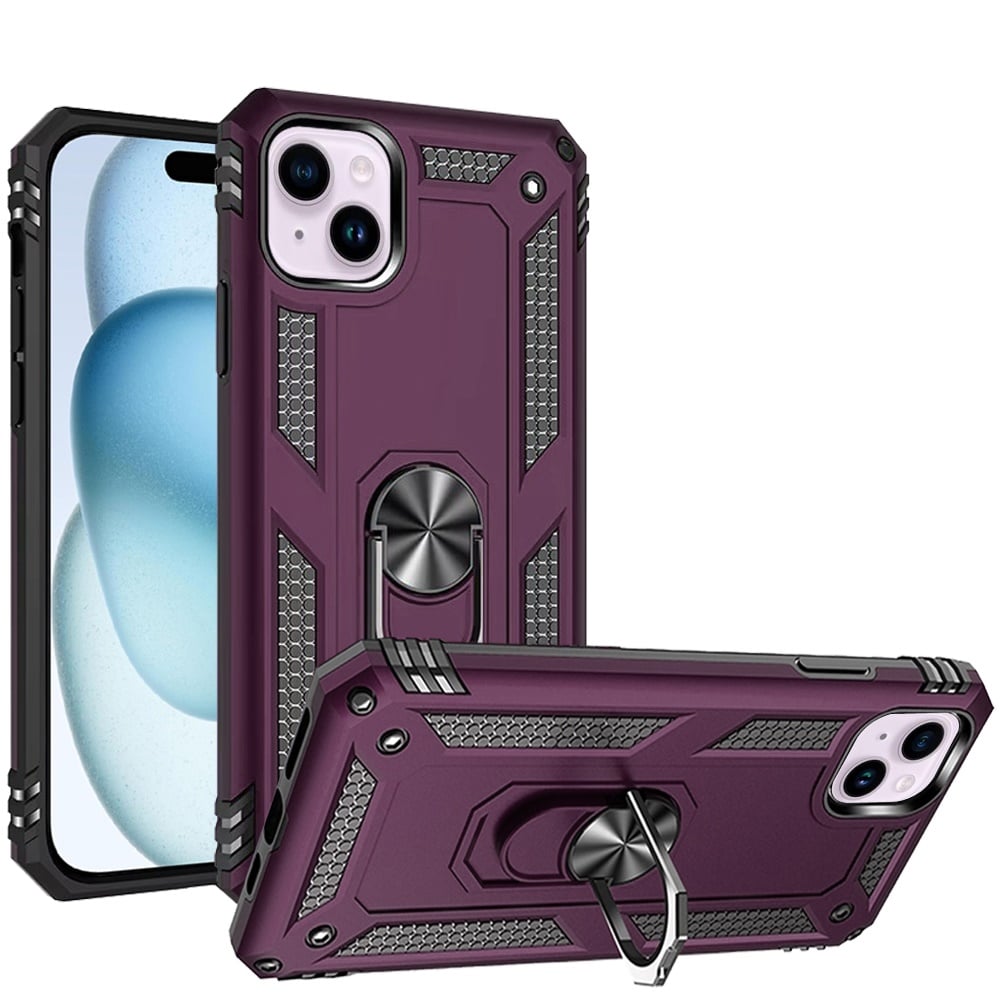 For iPhone 15 Plus / iPhone 14 Plus Ring Magnetic Kickstand Hybrid Case Cover - Dark Cherry