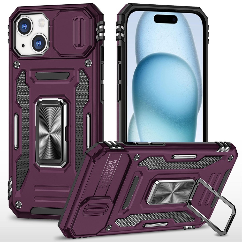 For iPhone 15 Plus / iPhone 14 Plus Utter Tough Metal Ring Movable Camera Window Hybrid Case Cover -