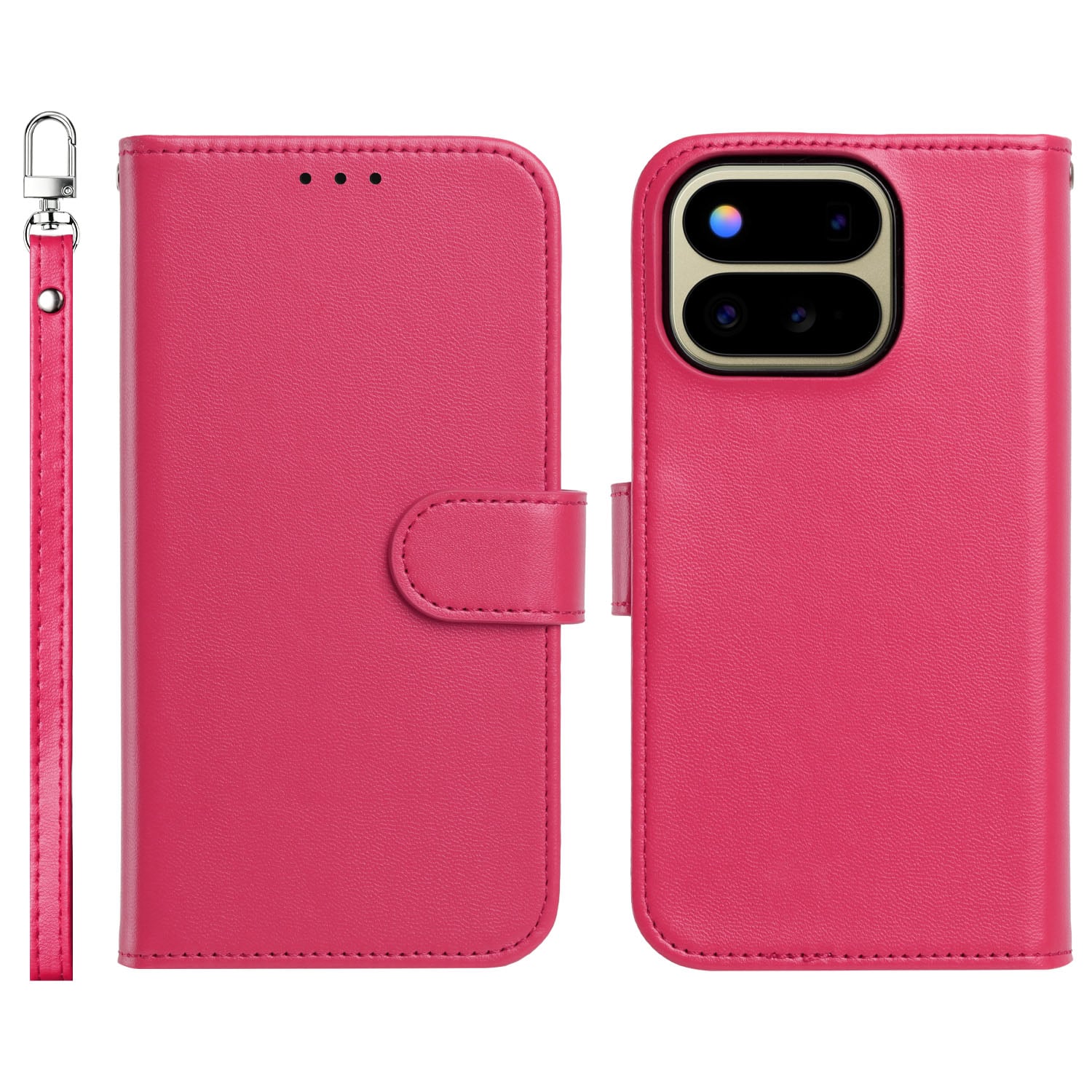 For Google Pixel 11 Pro Fold Classic Leather Wallet Folio Case with wrist strap - Hot Pink