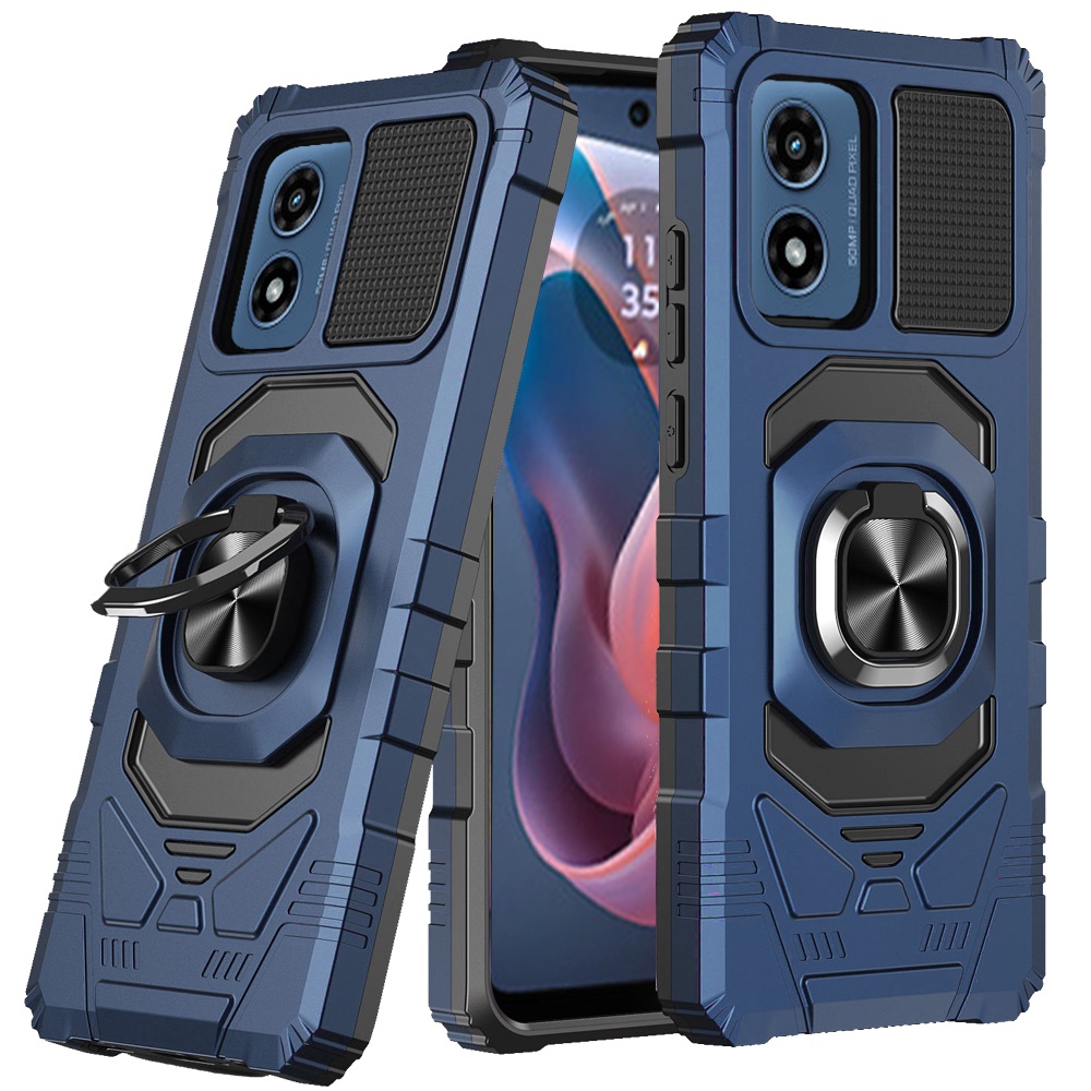 For Motorola Moto G Play 2024 Robotic Hybrid with Magnetic Ring Stand Case Cover - Dark Blue