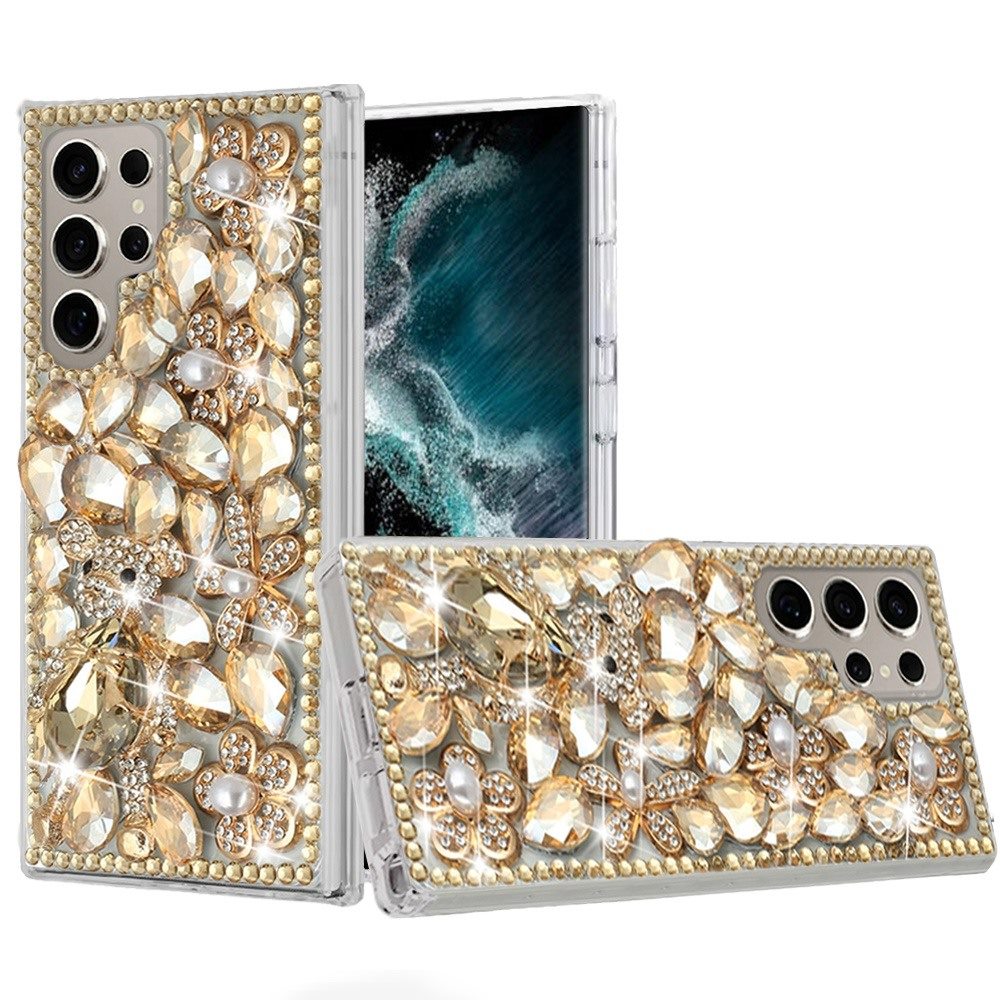 For Samsung Galaxy S22 Ultra Full Diamond with Ornaments Case Cover - Gold Panda Floral