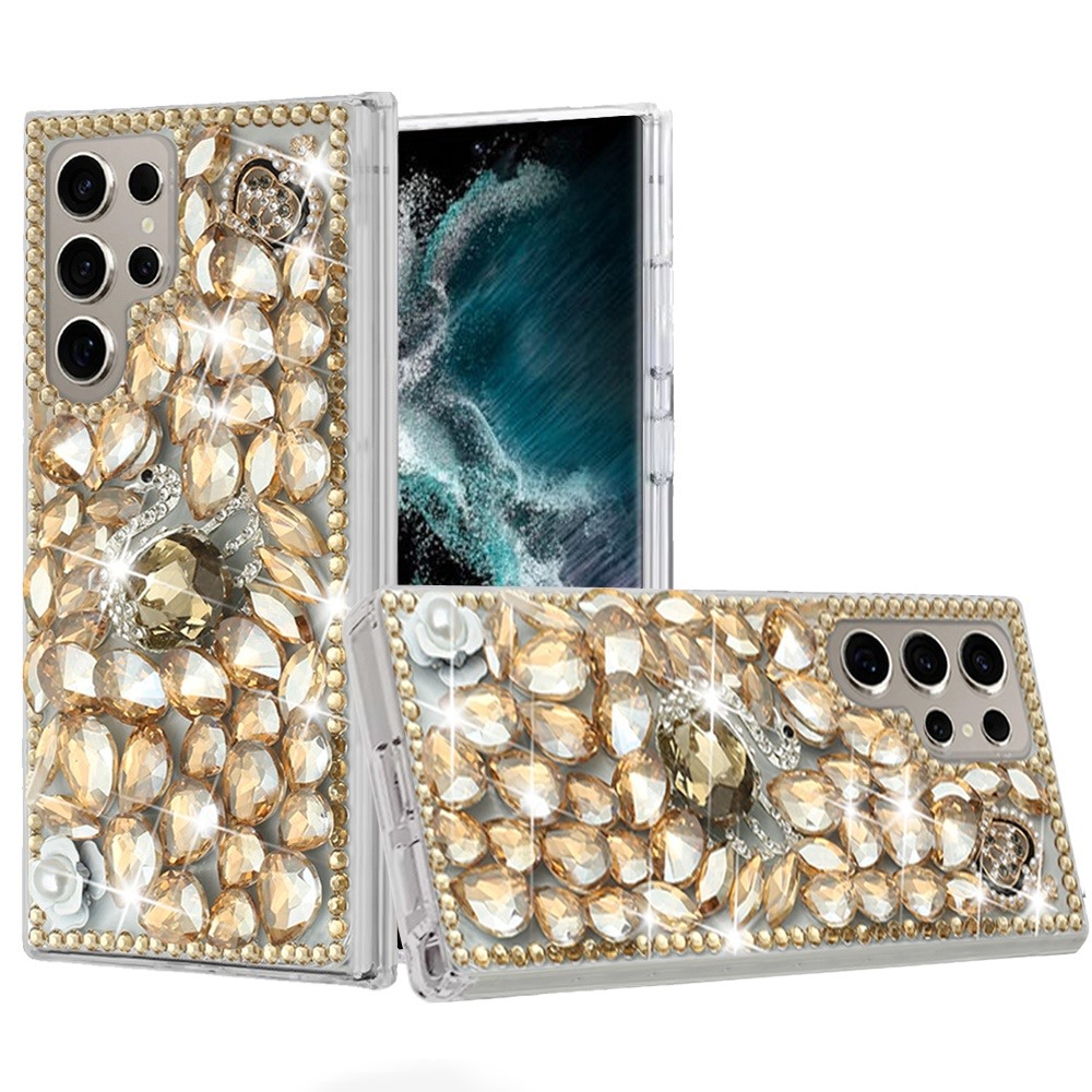 For Samsung Galaxy S22 Ultra Full Diamond with Ornaments Case Cover - Gold Swan Crown Pearl