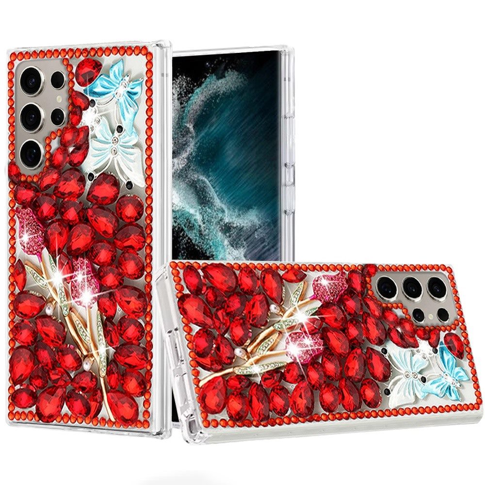 For Samsung Galaxy S22 Ultra Full Diamond with Ornaments Case Cover - Red Exquisite Garden